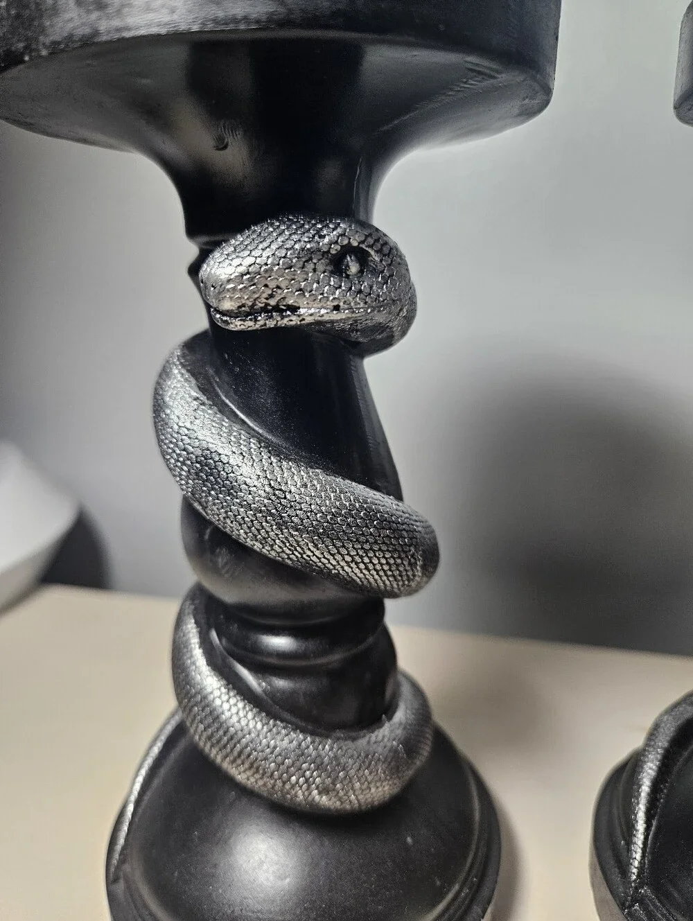 Gothic Black & Silver Snake Candlestick Holders - Set of 2 Coiled Serpent Decor